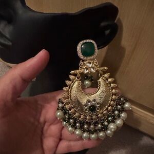 Gorgeous Emerald Chaand Baali Jhumkas in Gold and Green Statement Earrings